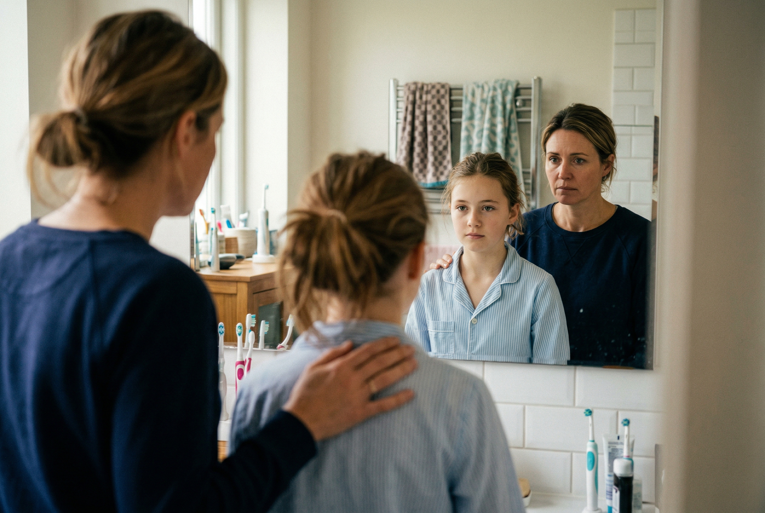 A mother and daughter in a quiet, reflective moment