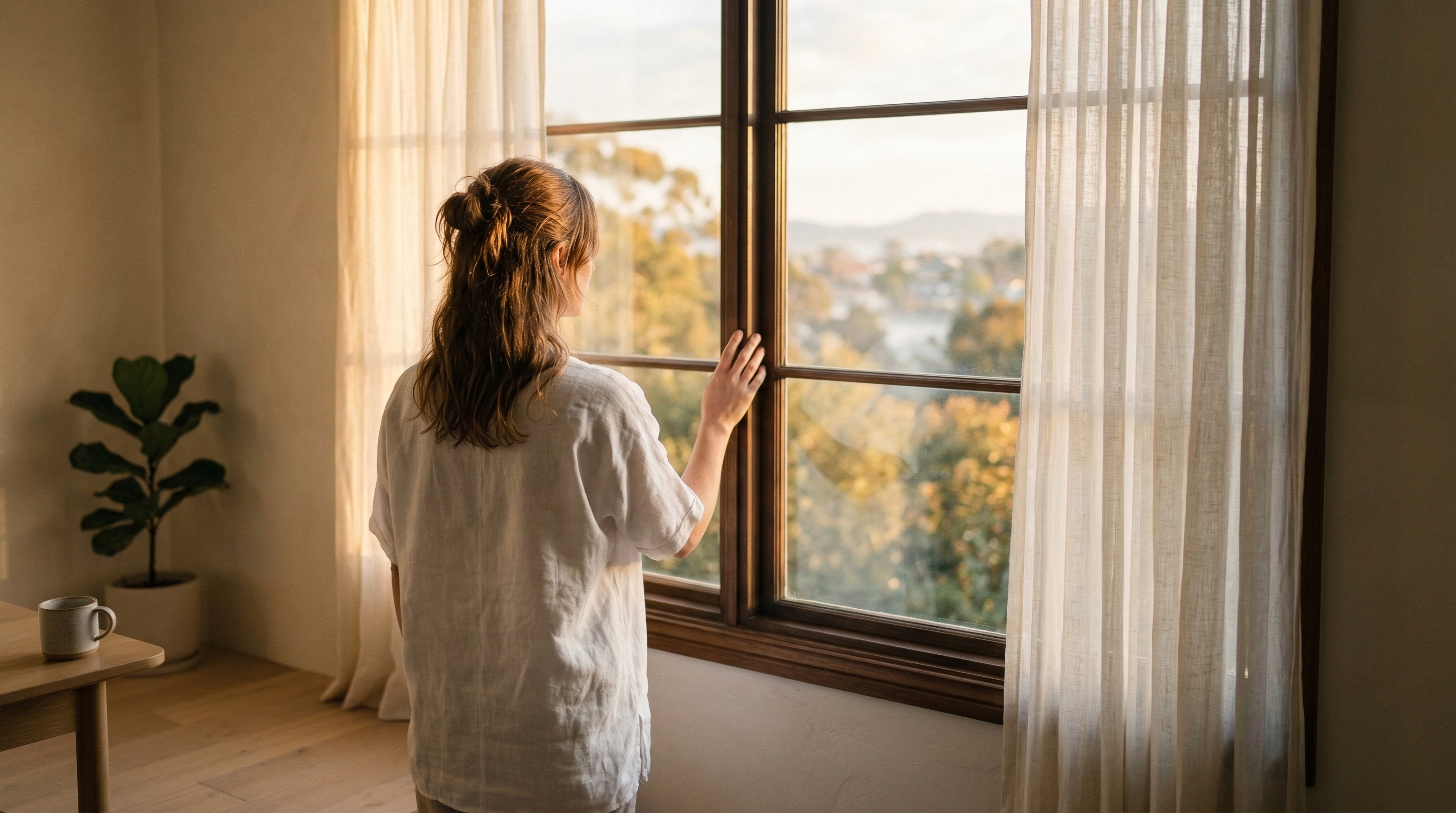 Woman standing at a window in contemplative morning light