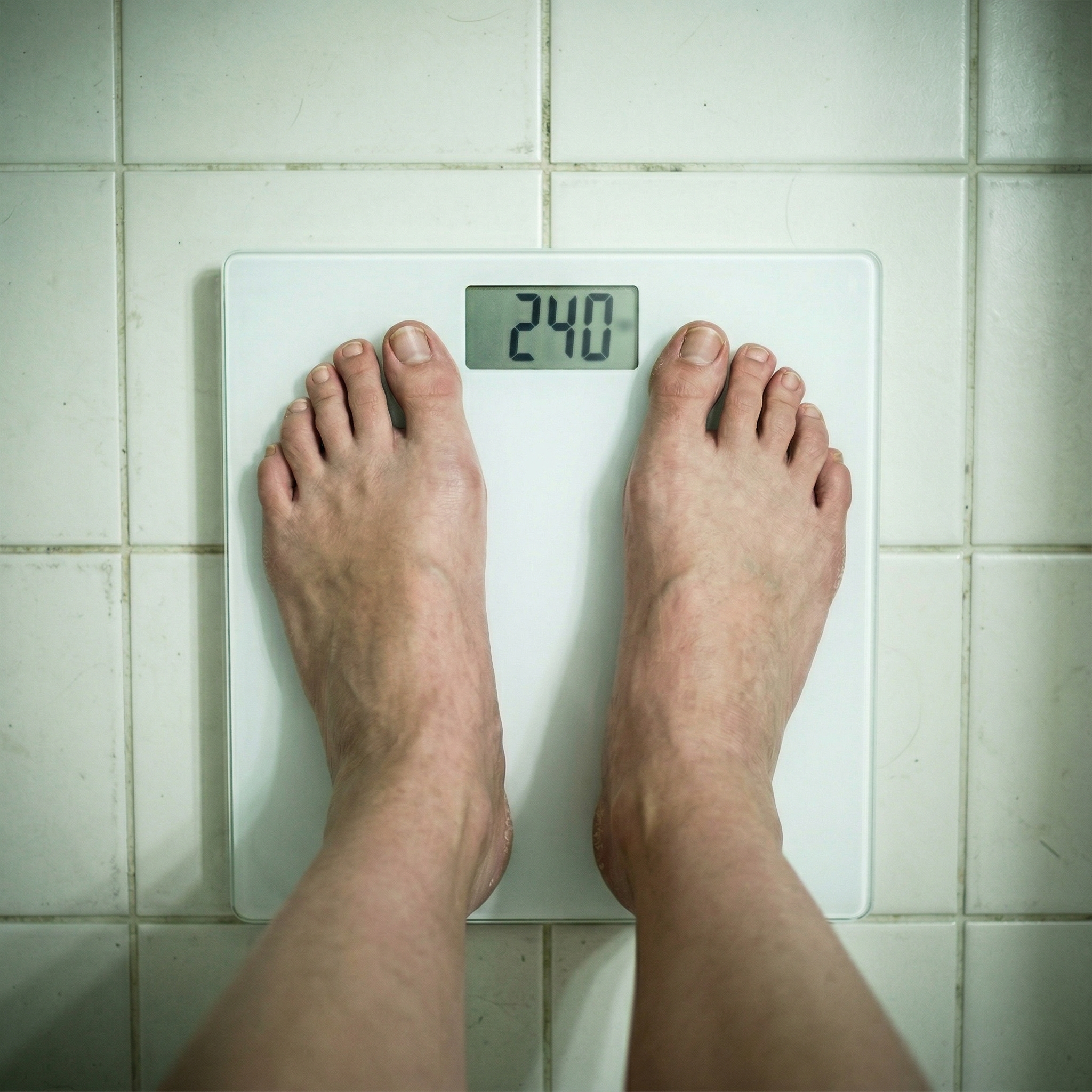 A bathroom scale on a tiled floor