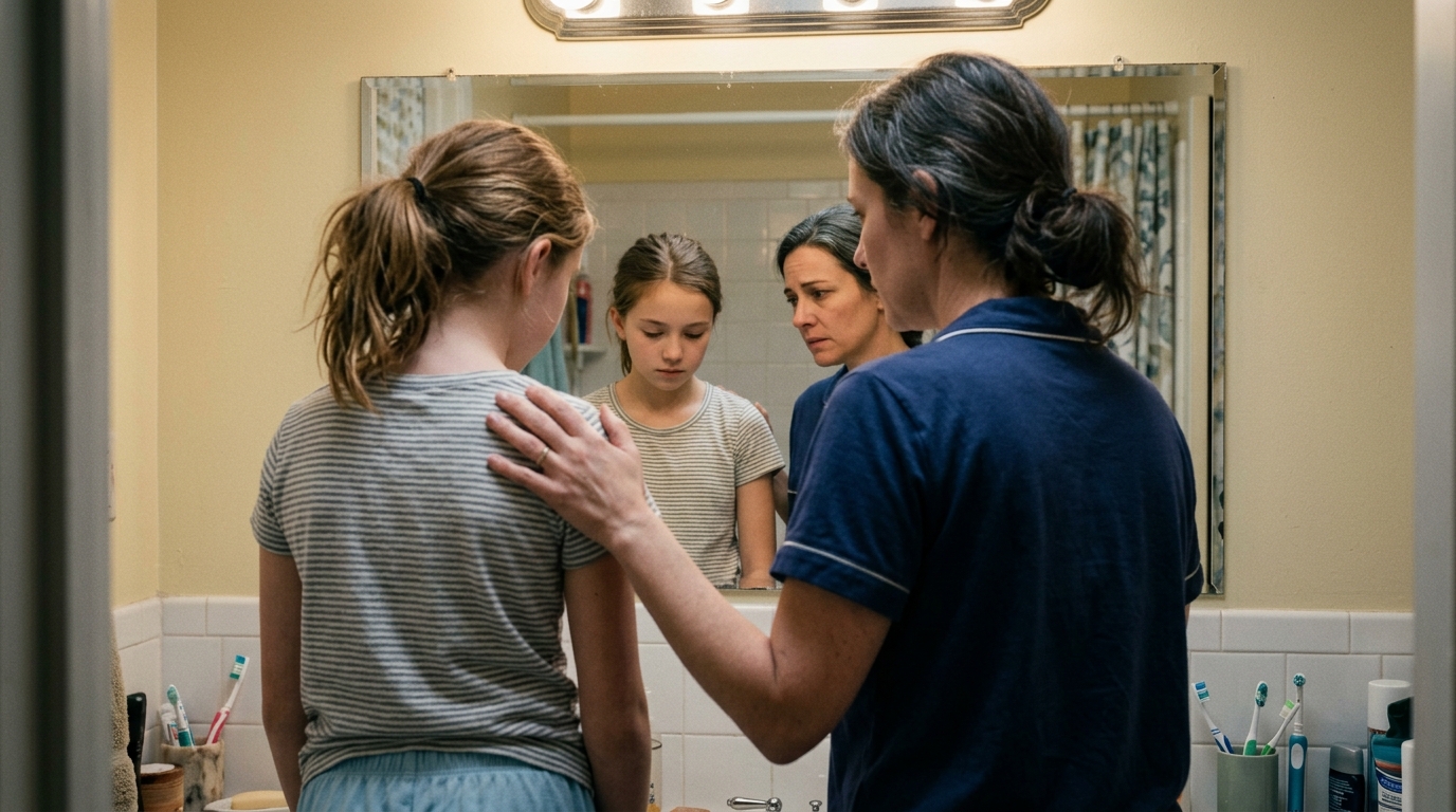 Mother and daughter at bathroom mirror