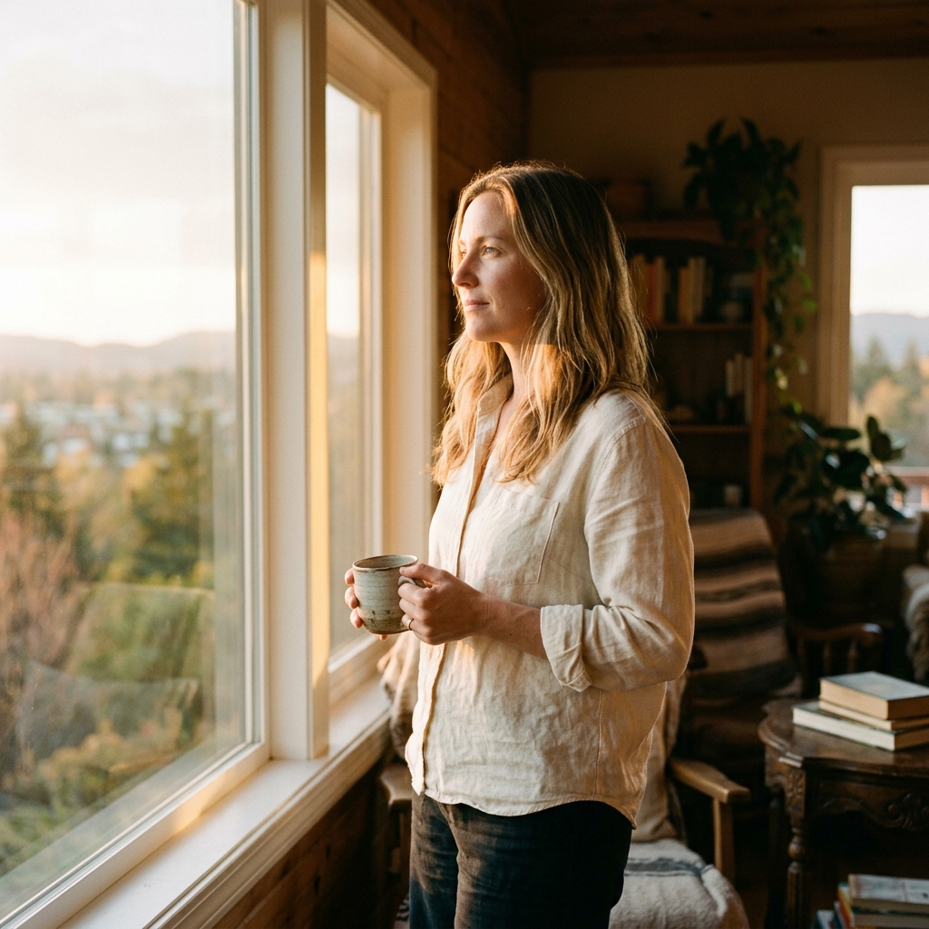 Woman standing at window in golden morning light — the war is over, she is free.
