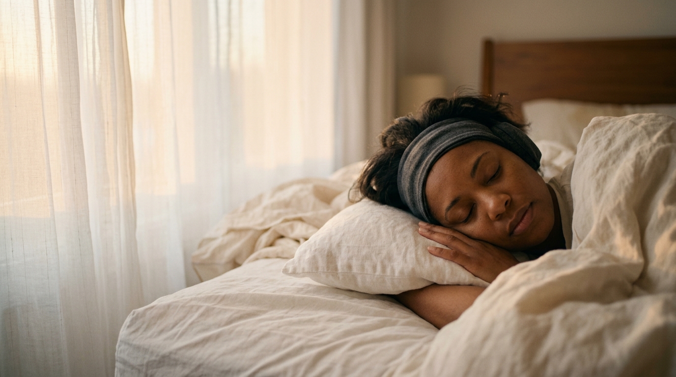 Woman lying in bed at dawn, warm golden light