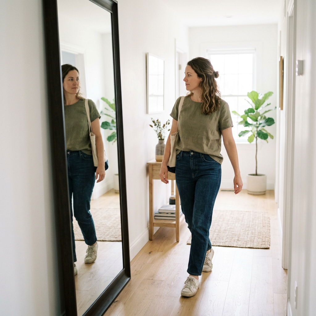 Woman glancing at mirror casually
