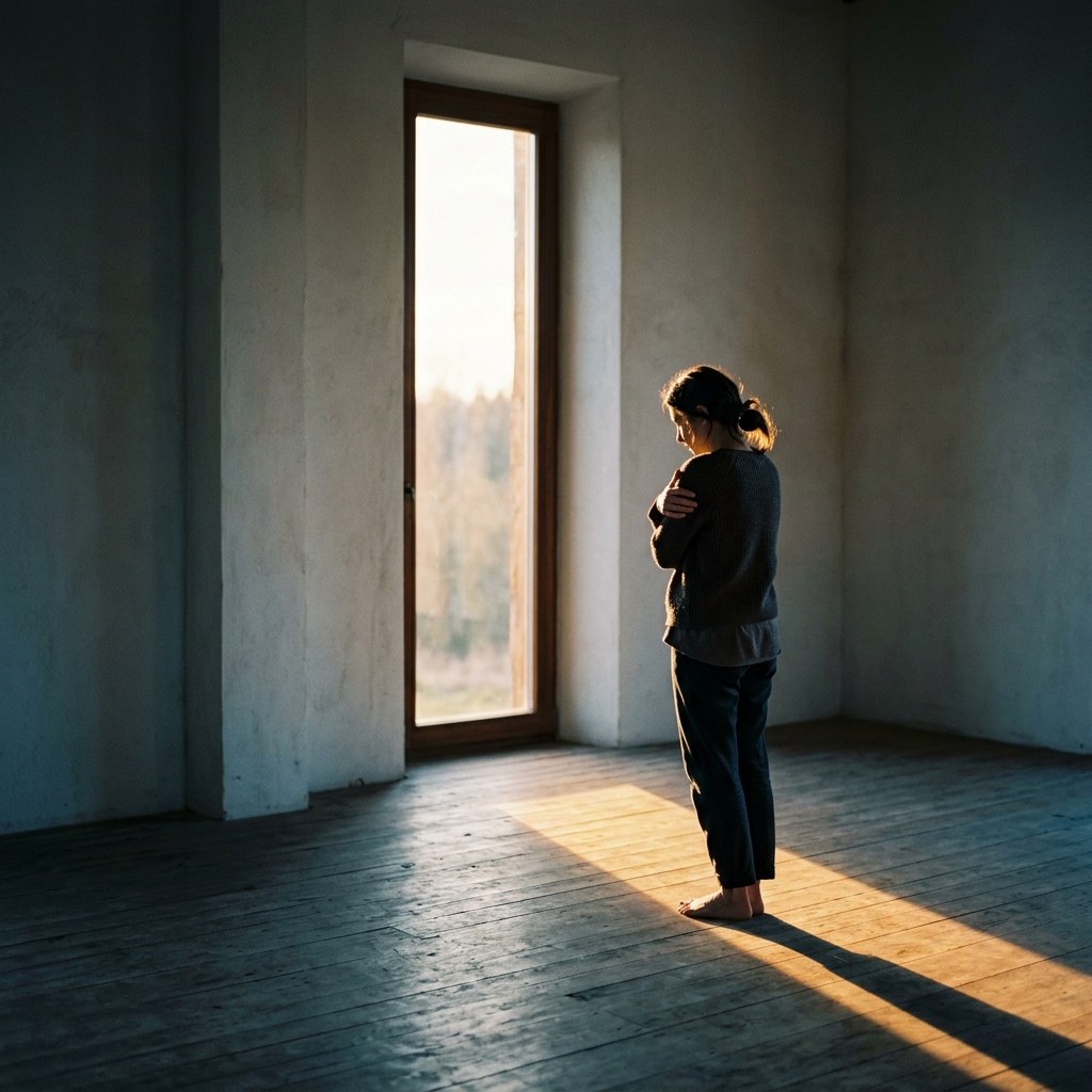 A woman hugging herself, standing at the edge of warm light
