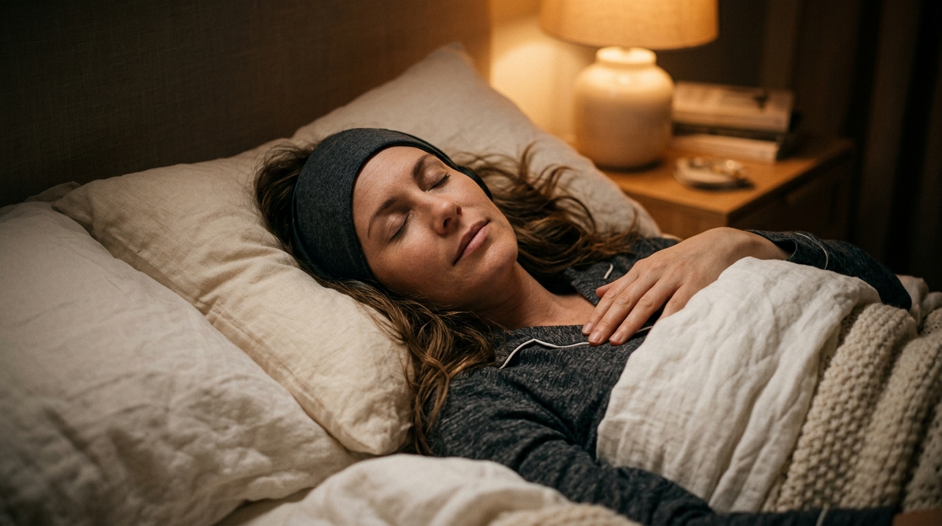 Woman lying in bed with sleep headphones, eyes gently closed